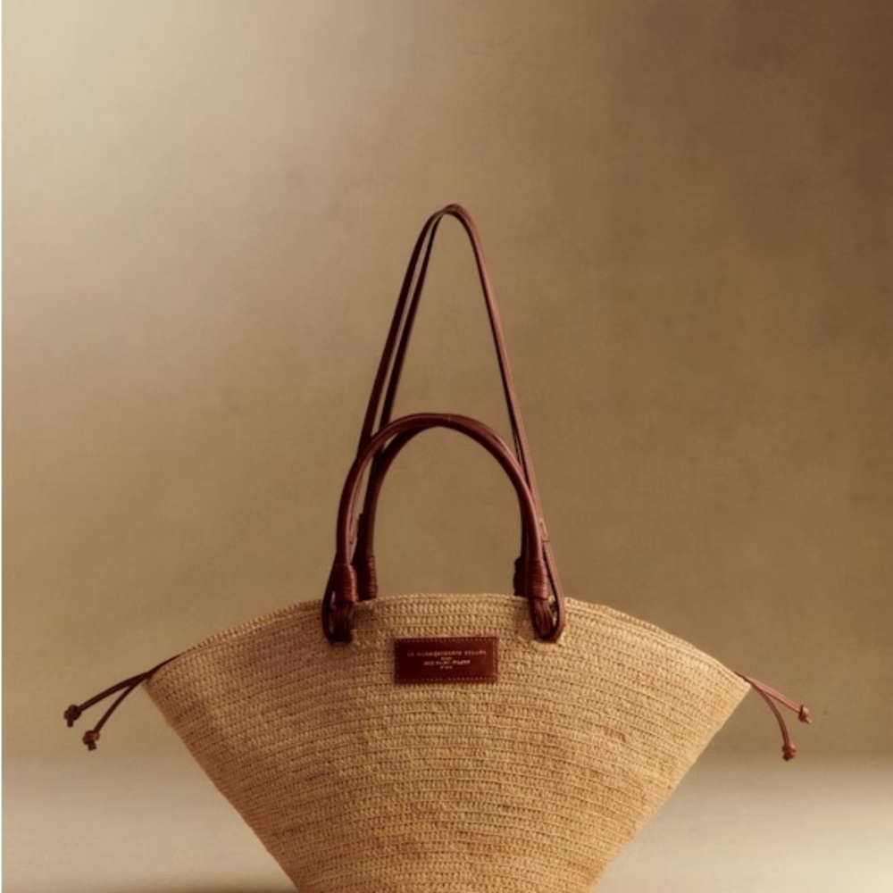 Sezane Justine Bag Straw Tote with Brown Leather Handles